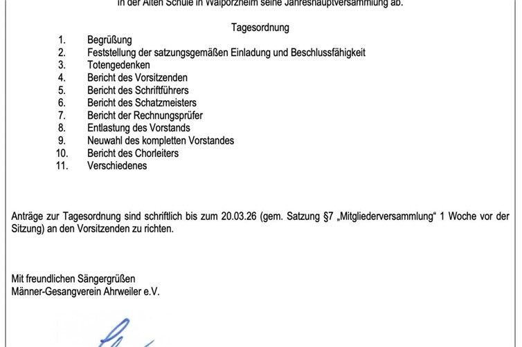 Jahreshauptversammlung 2026 des Männer-Gesangvereins Ahrweiler in Walporzheim